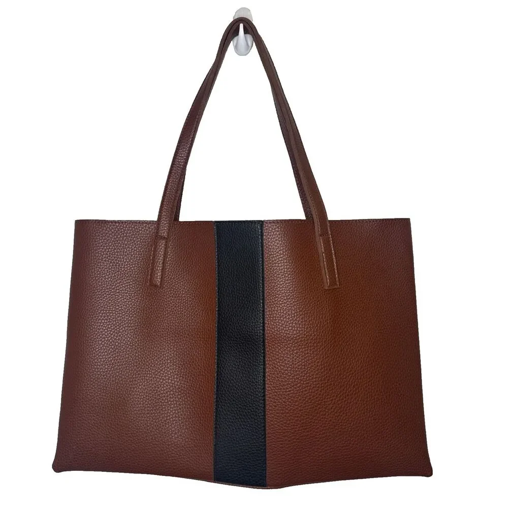 Vince Camuto Womens Leather Tote Bag Brown Pebbled Stripe Shoulder Purse Large